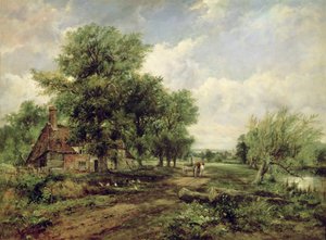 Wooded river landscape with a cottage and a horse drawn cart